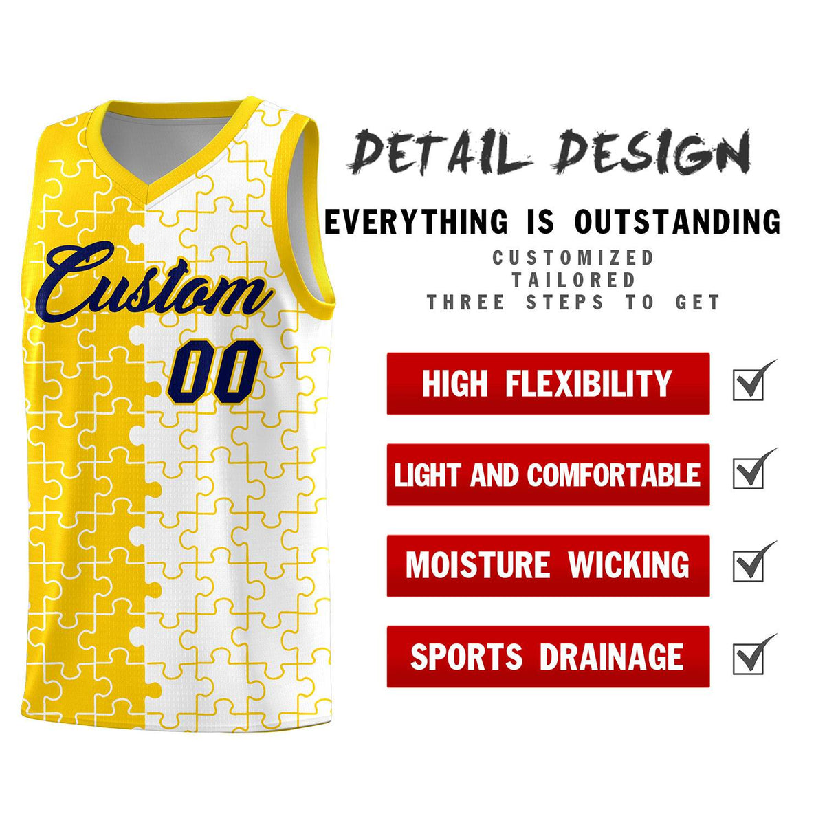 Custom Youth Basketball Jersey Gold White Puzzle Pattern Add Name, Number &amp; Team Logo
