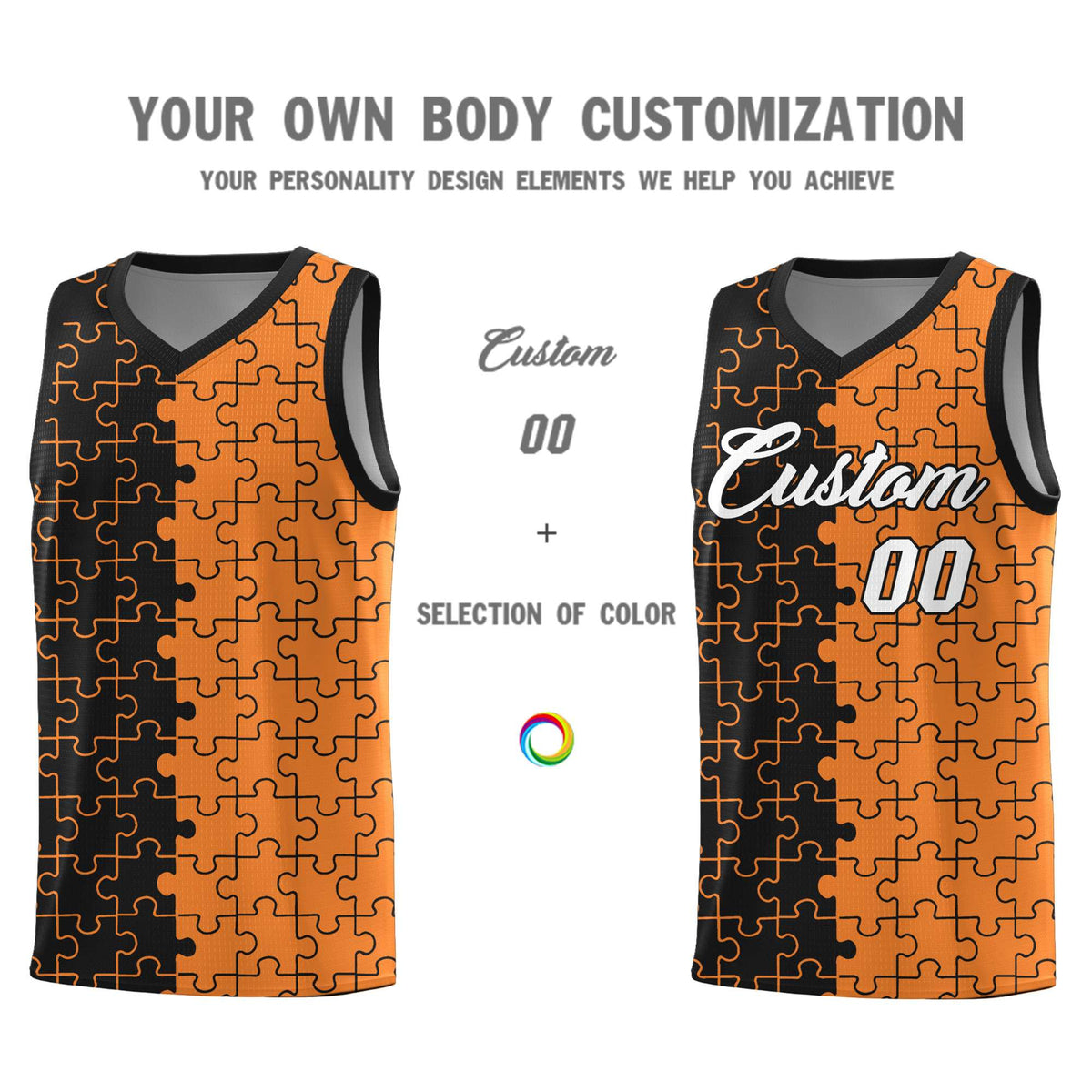 Custom Youth Basketball Jersey Black Gold Orange Puzzle Pattern Add Name, Number &amp; Team Logo