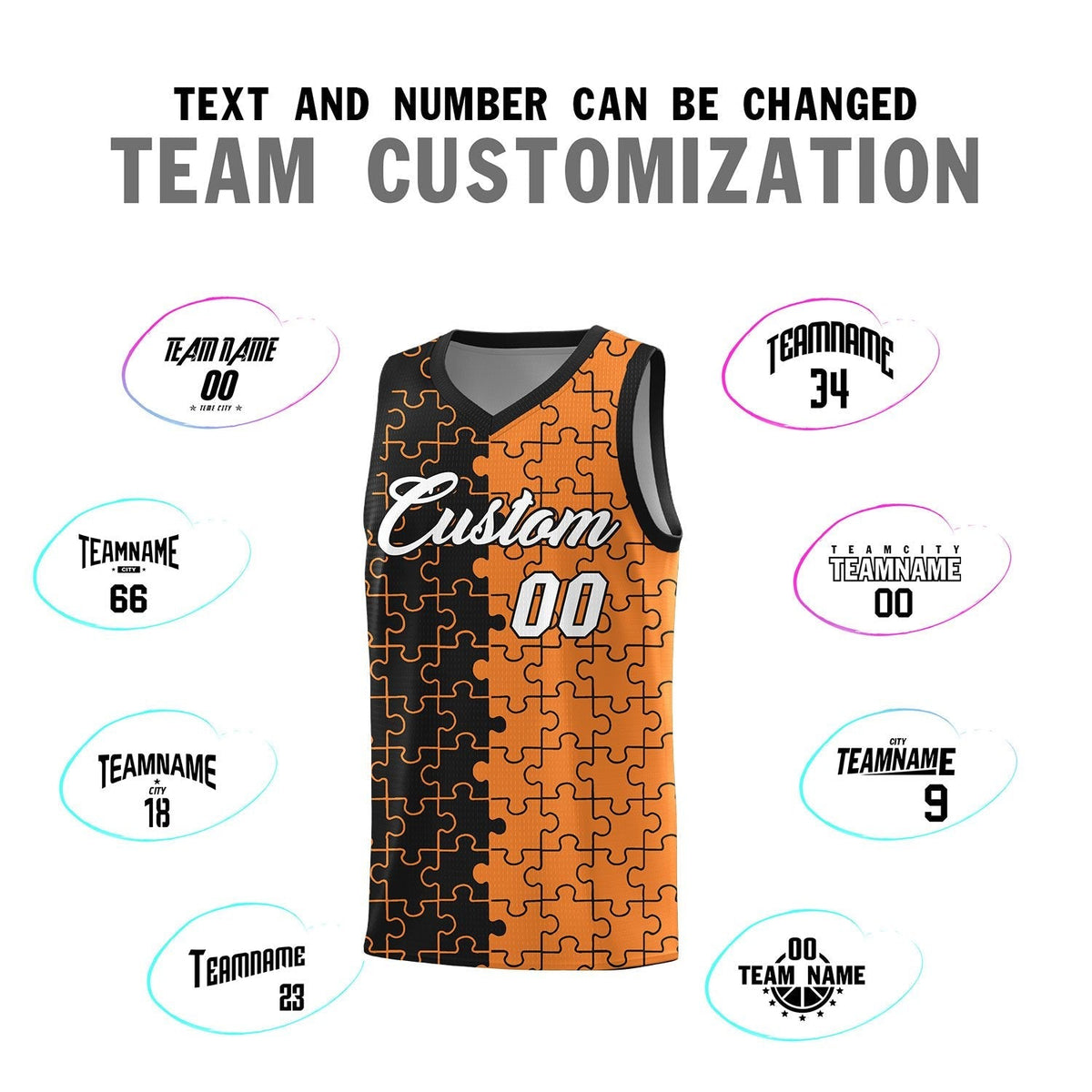 Custom Youth Basketball Jersey Black Gold Orange Puzzle Pattern Add Name, Number &amp; Team Logo