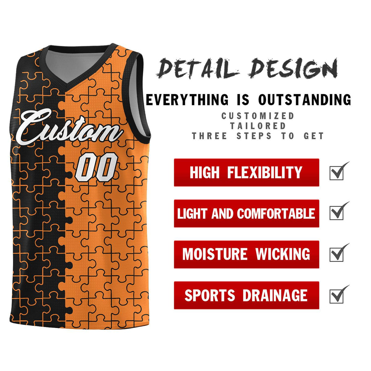 Custom Youth Basketball Jersey Black Gold Orange Puzzle Pattern Add Name, Number &amp; Team Logo