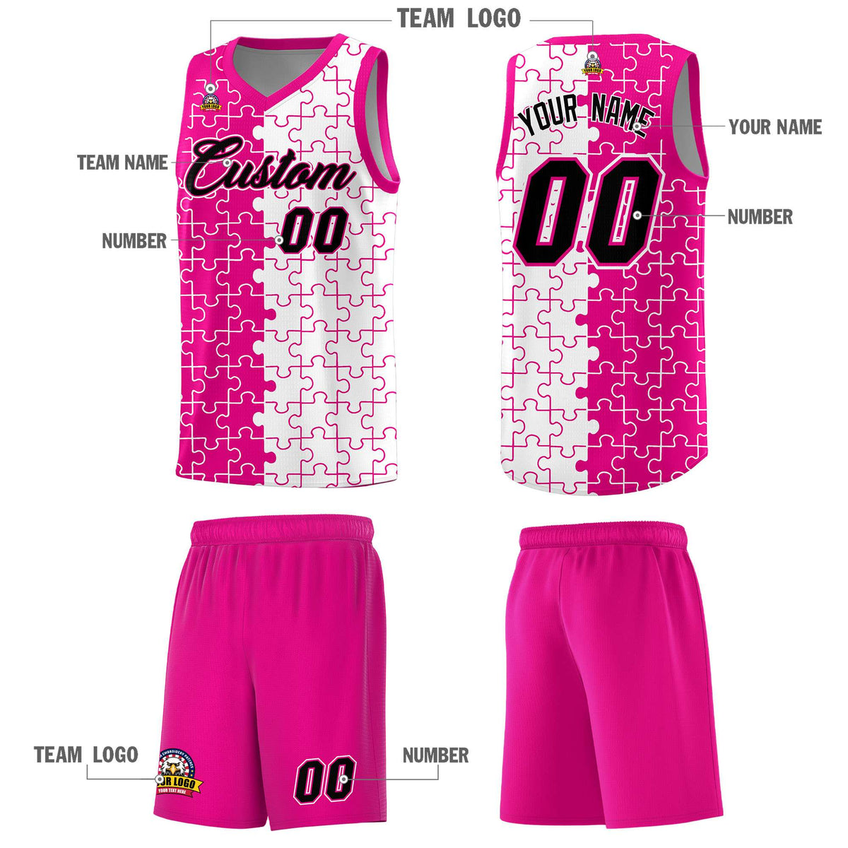 Custom Youth Basketball Jersey Pink White Puzzle Pattern Personalized Team Uniform