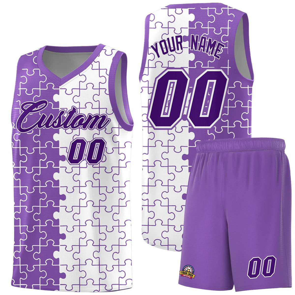 Custom Youth Basketball Jersey Light Purple White Puzzle Pattern Breathable Team Uniform