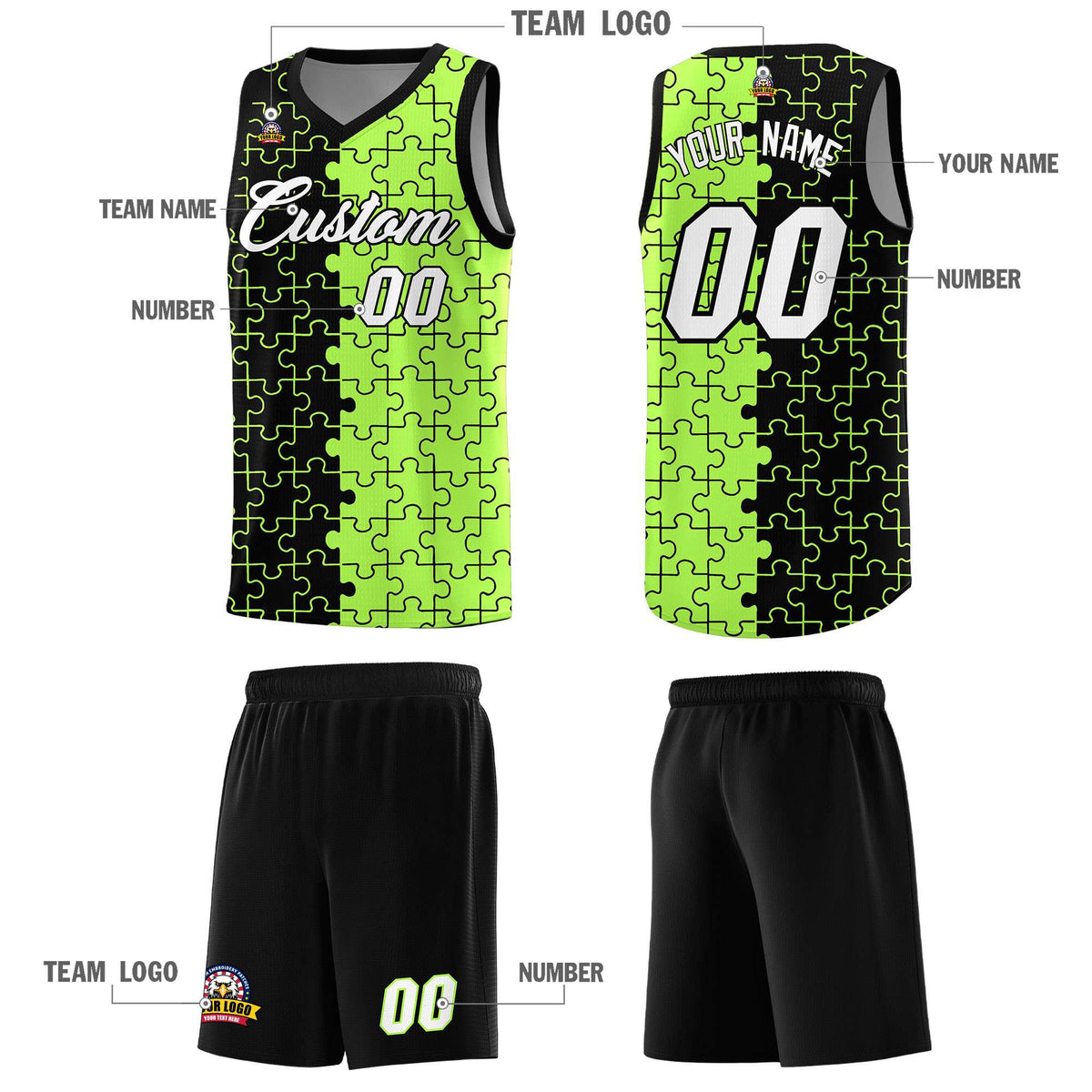 Custom Youth Basketball Jersey Black Puzzle Pattern Moisture-Wicking Team Uniform