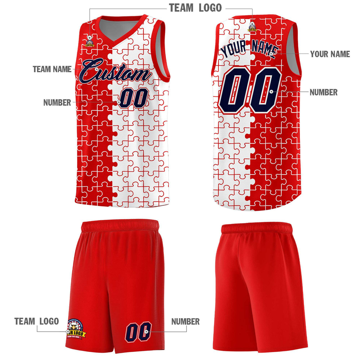Custom Youth Basketball Jersey Red White Puzzle Pattern Add Name, Number &amp; Team Logo