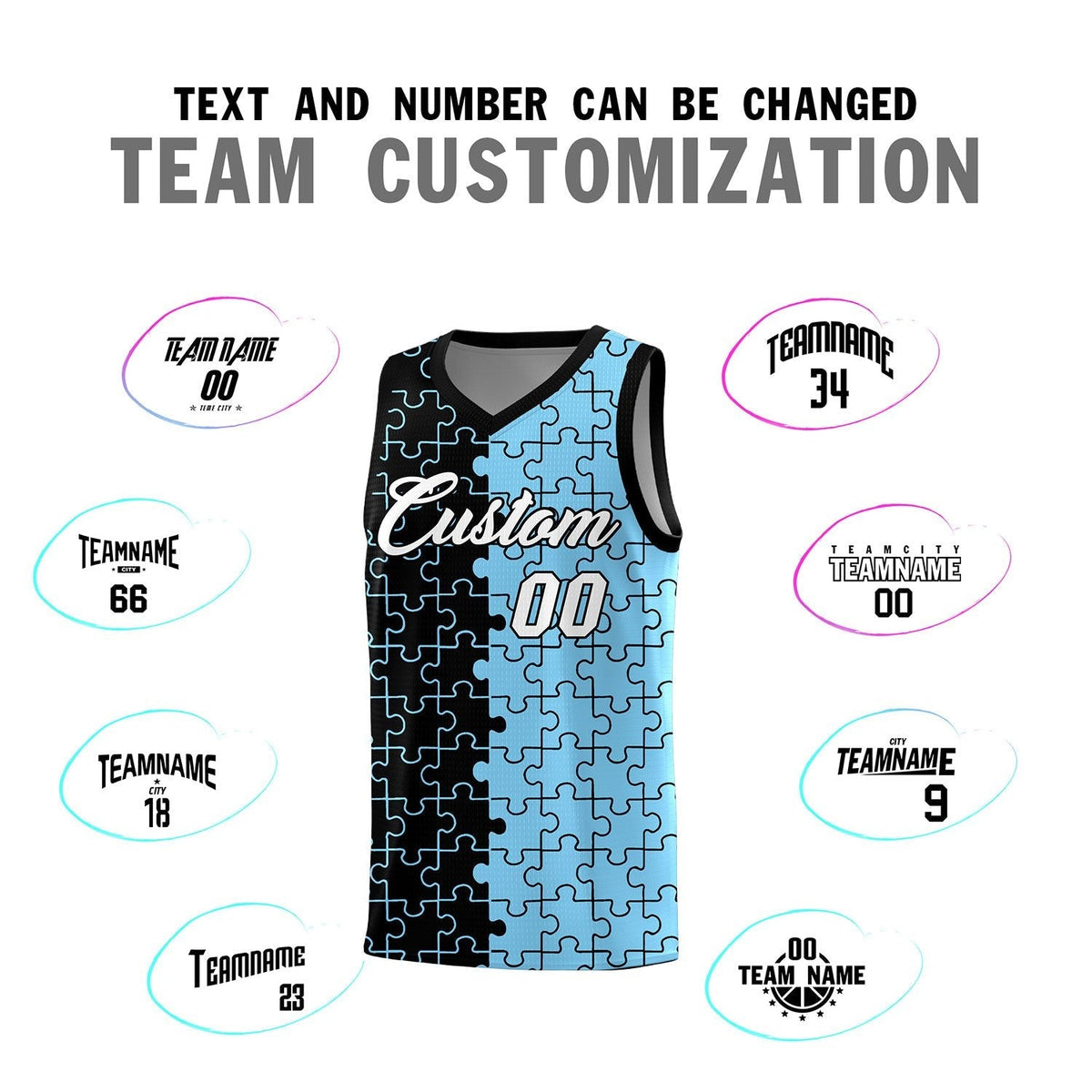Custom Youth Basketball Jersey Black Light Blue Puzzle Pattern Add Name, Number &amp; Team Logo