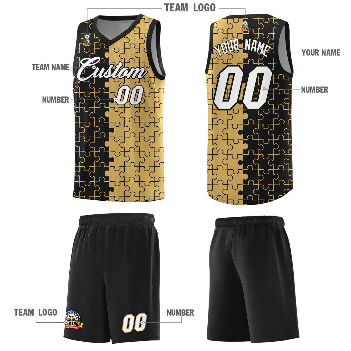 Custom Youth Basketball Jersey Black Old Gold Puzzle Pattern Moisture-Wicking Team Uniform