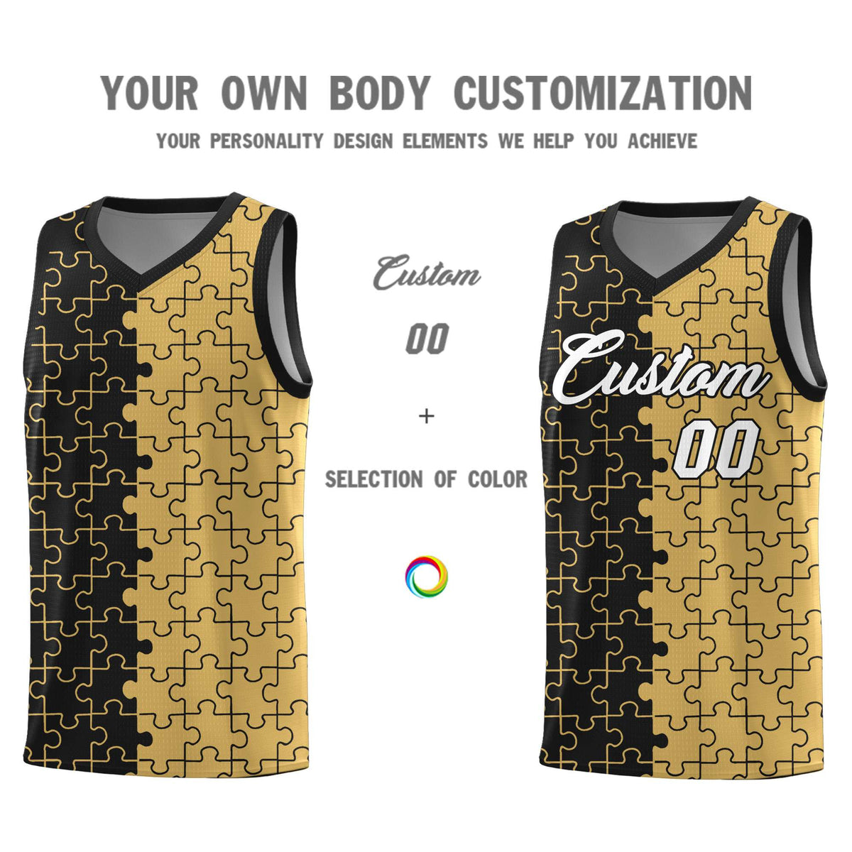 Custom Youth Basketball Jersey Black Old Gold Puzzle Pattern Moisture-Wicking Team Uniform