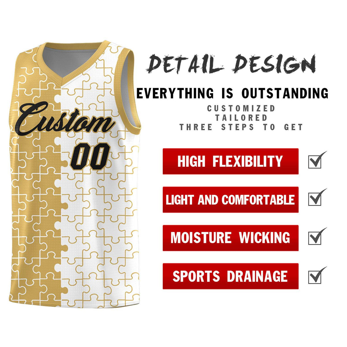 Custom Youth Basketball Jersey Old Gold White Puzzle Pattern Personalized Team Uniform