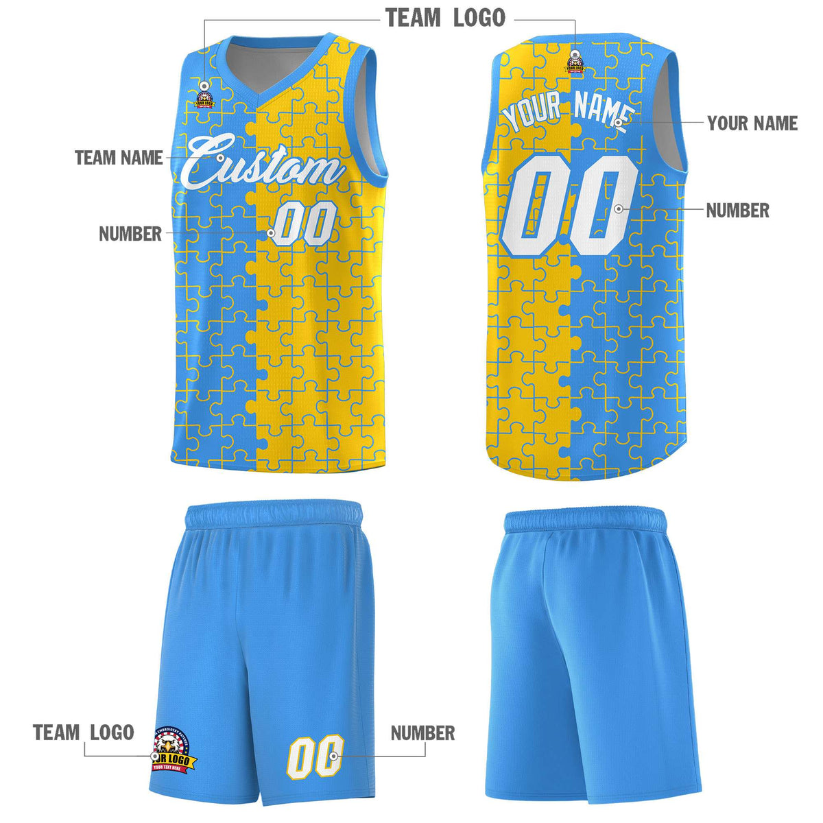 Custom Youth Basketball Jersey Light Blue Gold Puzzle Pattern Moisture-Wicking Team Uniform