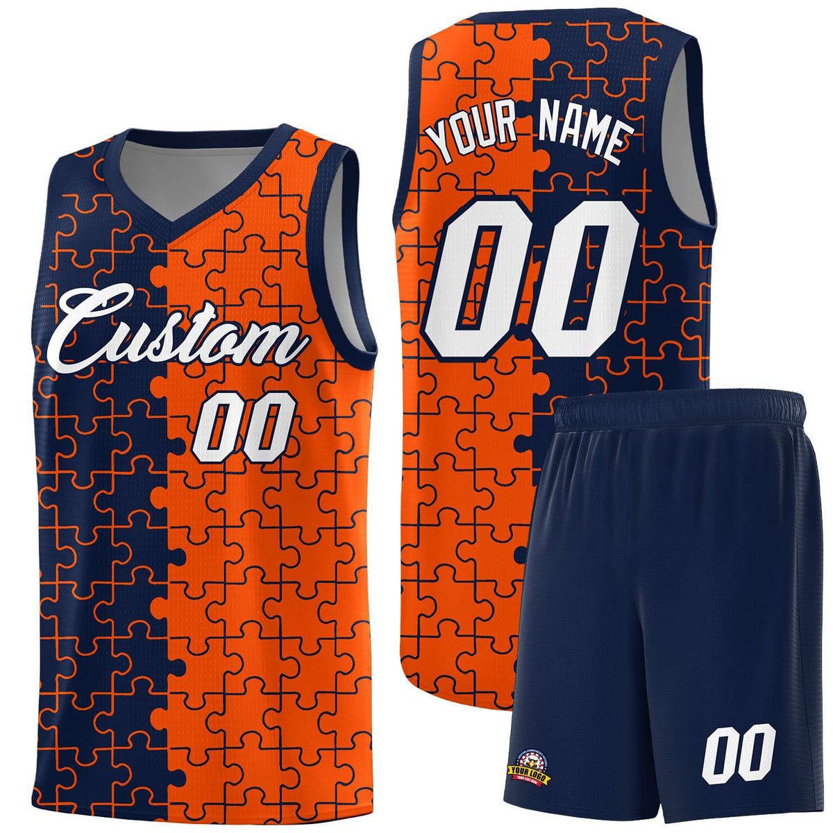 Custom Youth Basketball Jersey Navy Orange Puzzle Pattern Add Name, Number & Team Logo