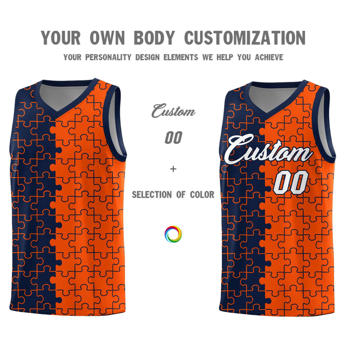 Custom Youth Basketball Jersey Navy Orange Puzzle Pattern Add Name, Number & Team Logo