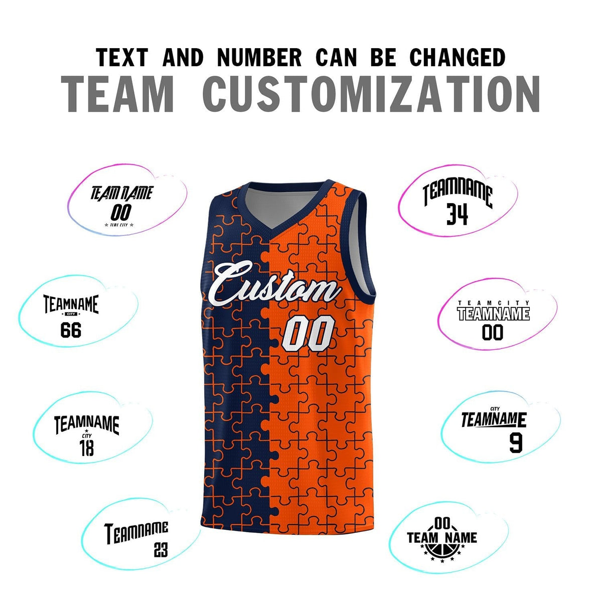 Custom Youth Basketball Jersey Navy Orange Puzzle Pattern Add Name, Number & Team Logo