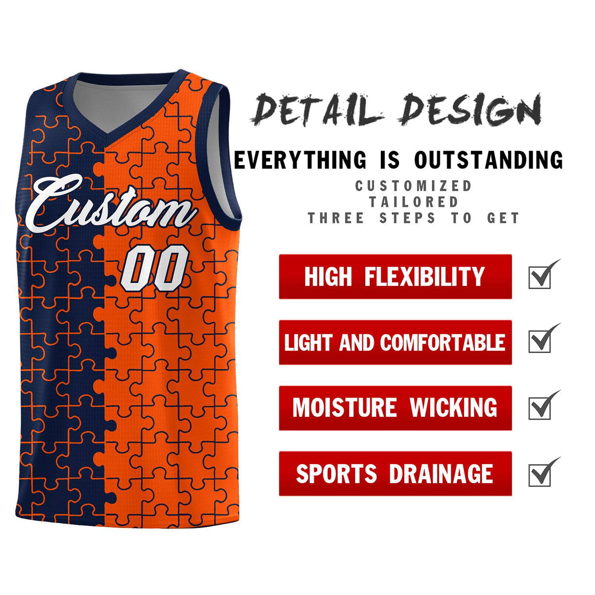 Custom Youth Basketball Jersey Navy Orange Puzzle Pattern Add Name, Number & Team Logo