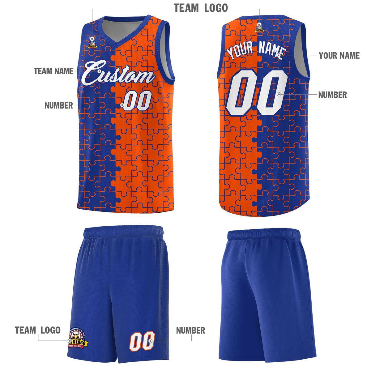 Custom Youth Basketball Jersey Royal Blue Orange Puzzle Pattern Breathable Team Uniform