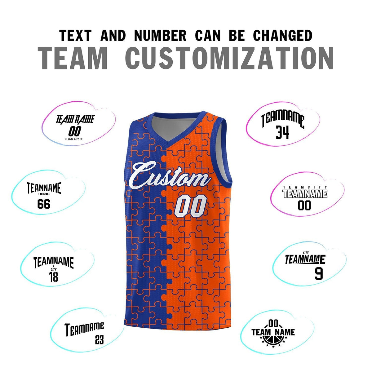 Custom Youth Basketball Jersey Royal Blue Orange Puzzle Pattern Breathable Team Uniform