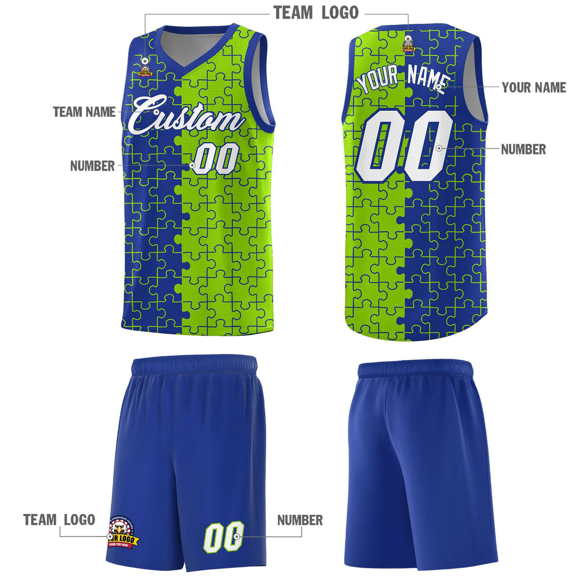 Custom Youth Basketball Jersey Royal Blue Neon Green Puzzle Pattern Moisture-Wicking Team Uniform
