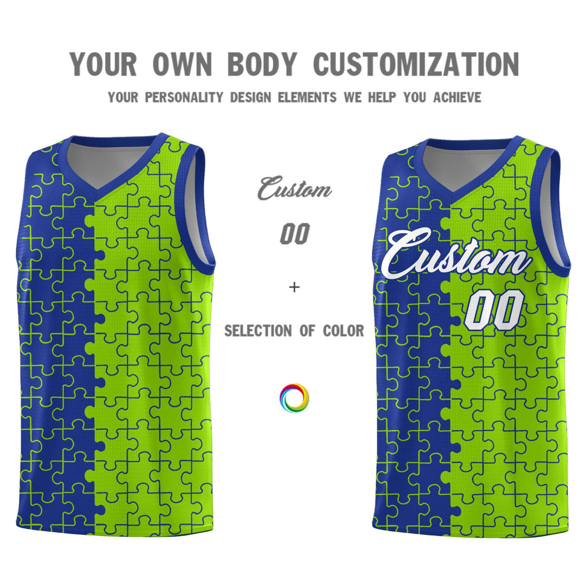 Custom Youth Basketball Jersey Royal Blue Neon Green Puzzle Pattern Moisture-Wicking Team Uniform
