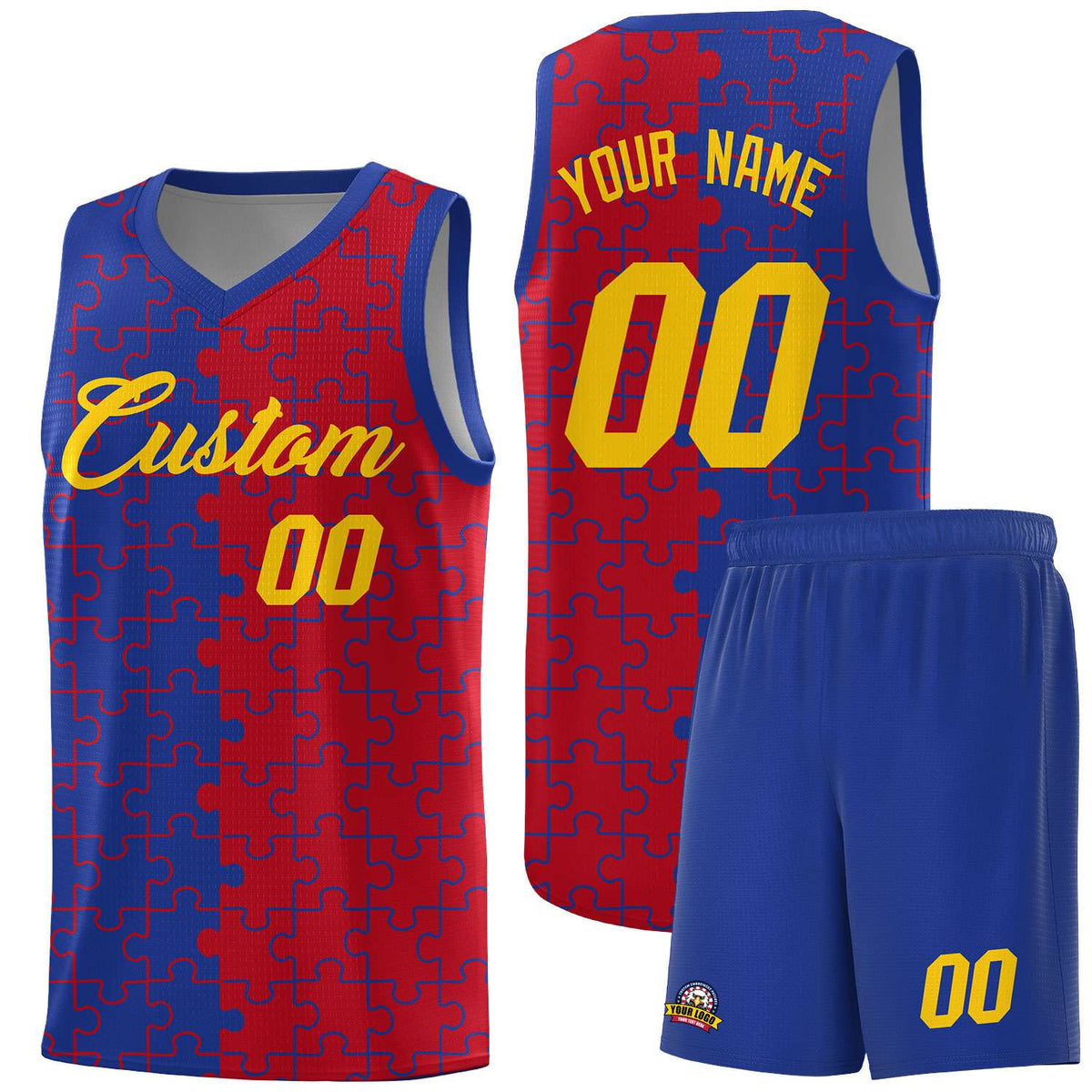 Custom Youth Basketball Jersey Royal Blue Red Puzzle Pattern Personalized Team Uniform