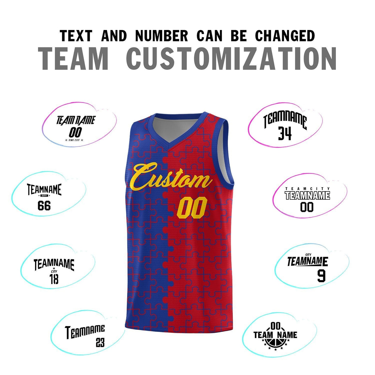 Custom Youth Basketball Jersey Royal Blue Red Puzzle Pattern Personalized Team Uniform