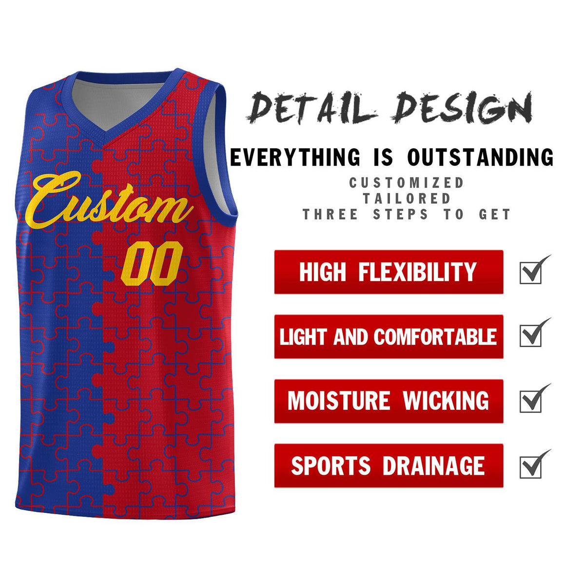 Custom Youth Basketball Jersey Royal Blue Red Puzzle Pattern Personalized Team Uniform