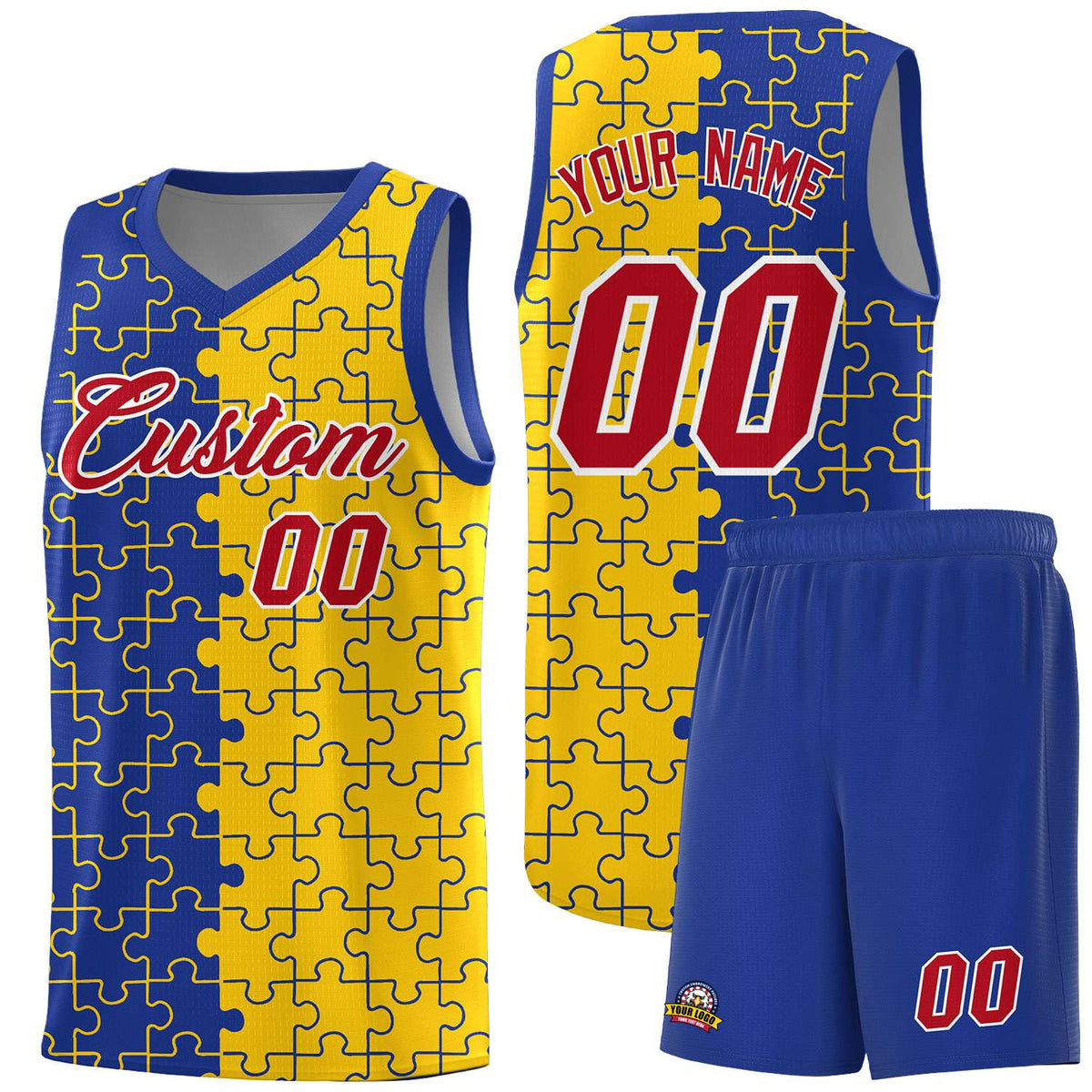 Custom Youth Basketball Jersey Royal Blue Gold Puzzle Pattern Add Name, Number &amp; Team Logo