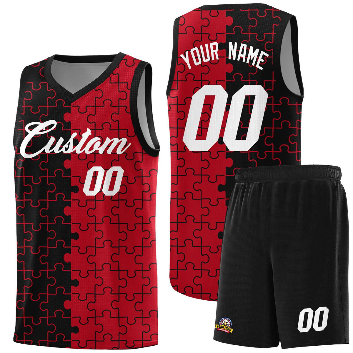Custom Youth Basketball Jersey Black Red Puzzle Pattern Breathable Team Uniform