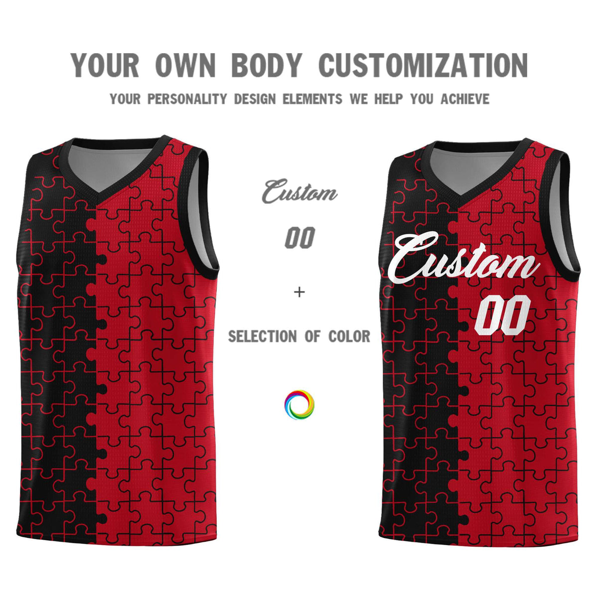 Custom Youth Basketball Jersey Black Red Puzzle Pattern Breathable Team Uniform