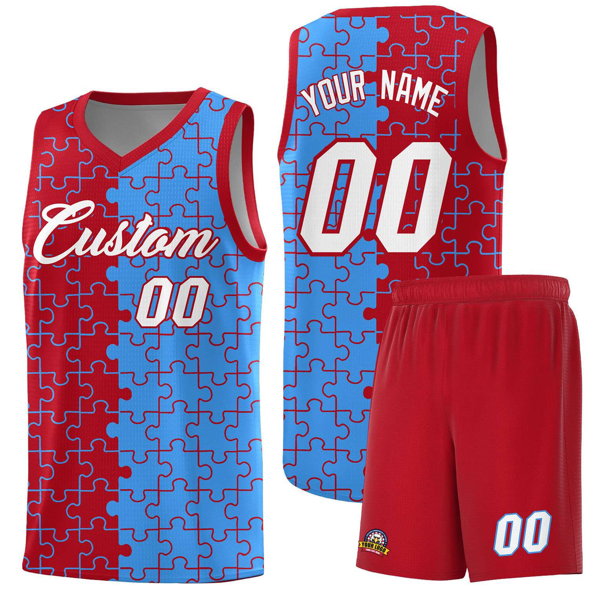 Custom Youth Basketball Jersey Red Light Blue Puzzle Pattern Moisture-Wicking Team Uniform