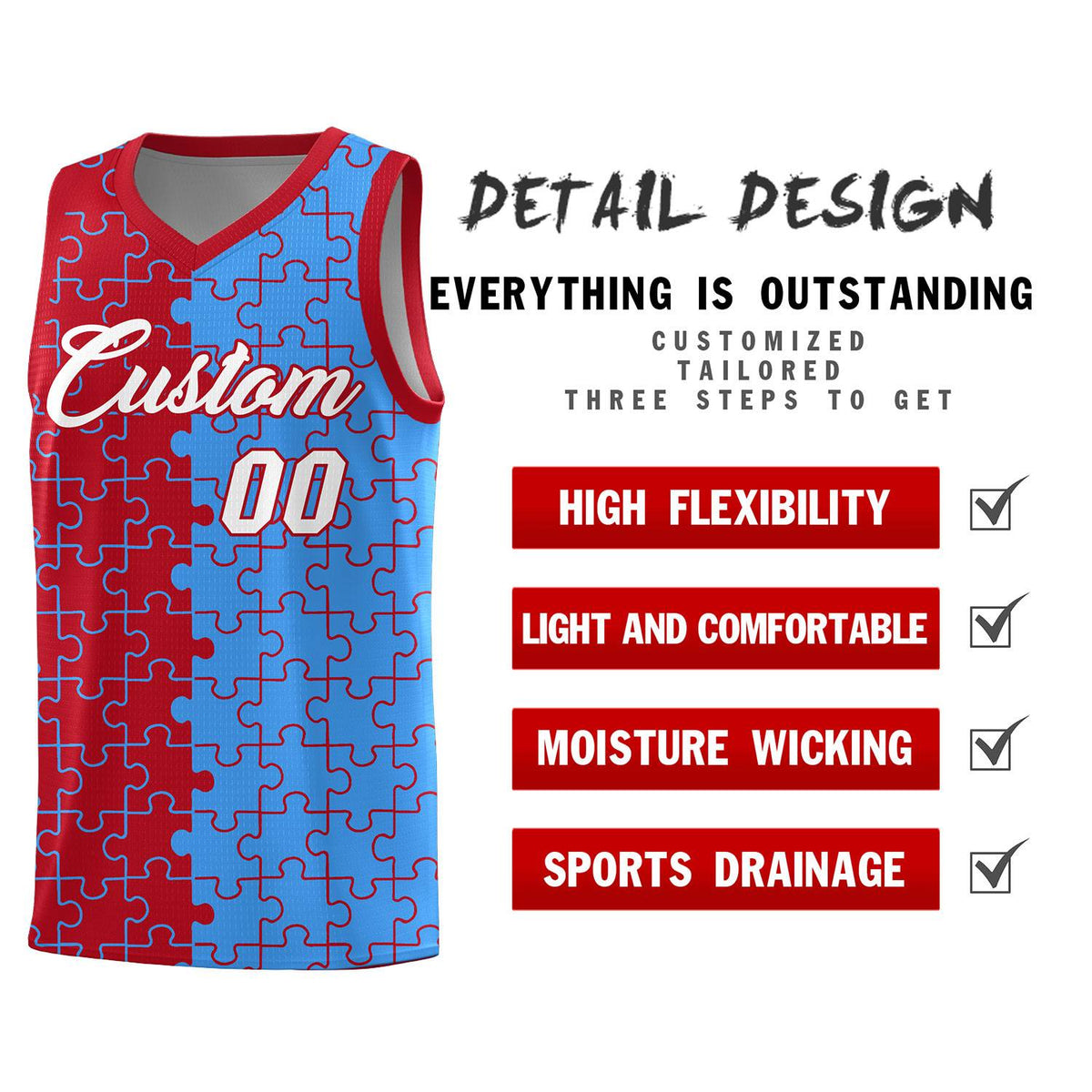 Custom Youth Basketball Jersey Red Light Blue Puzzle Pattern Moisture-Wicking Team Uniform