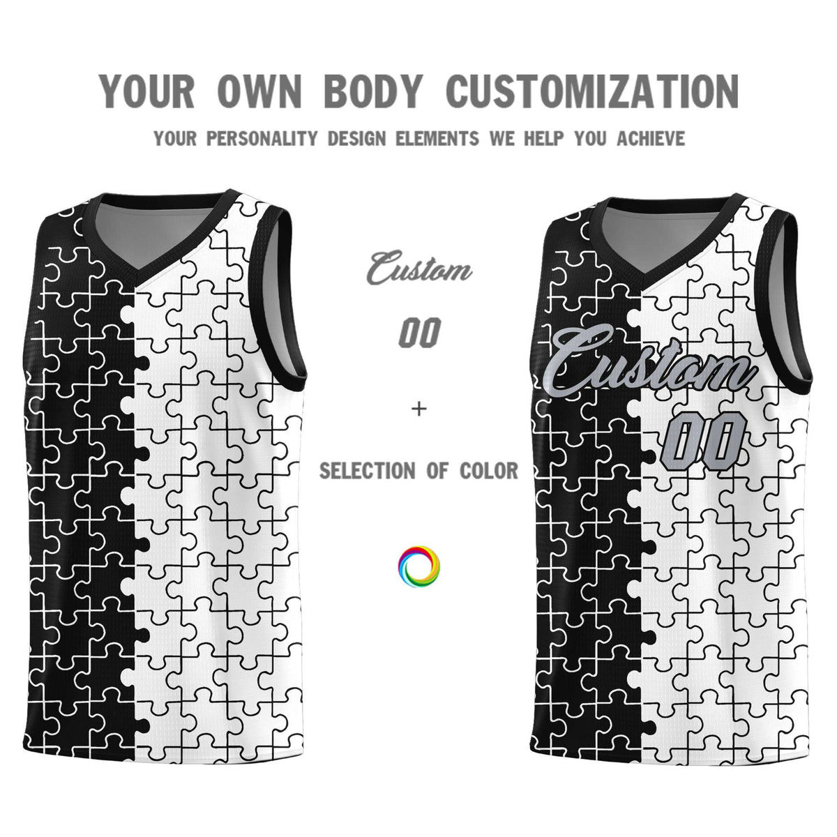 Custom Youth Basketball Jersey Black White Puzzle Pattern Breathable Team Uniform
