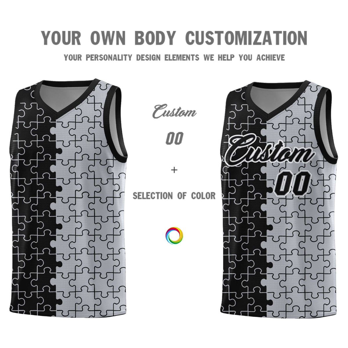 Custom Youth Basketball Jersey Black Gray Puzzle Pattern Moisture-Wicking Team Uniform