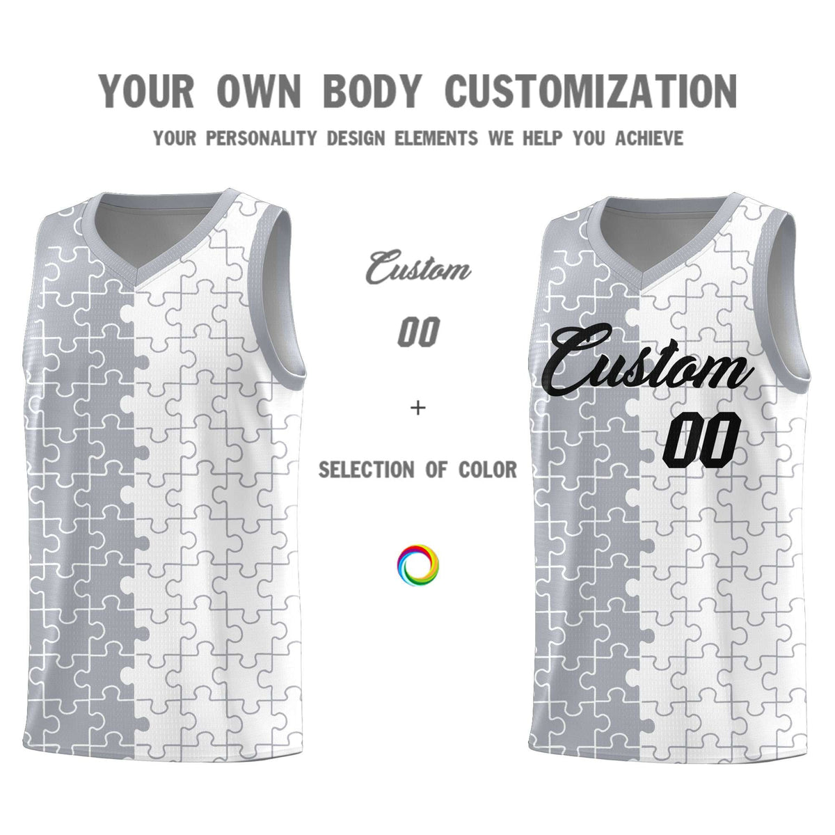 Custom Youth Basketball Jersey Gray White Puzzle Pattern Personalized Team Uniform
