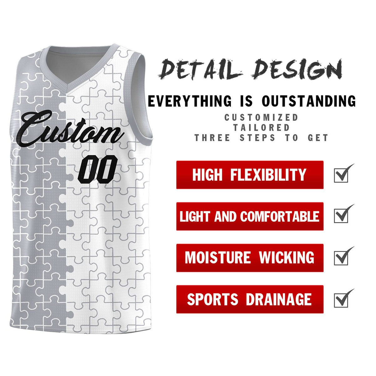 Custom Youth Basketball Jersey Gray White Puzzle Pattern Personalized Team Uniform