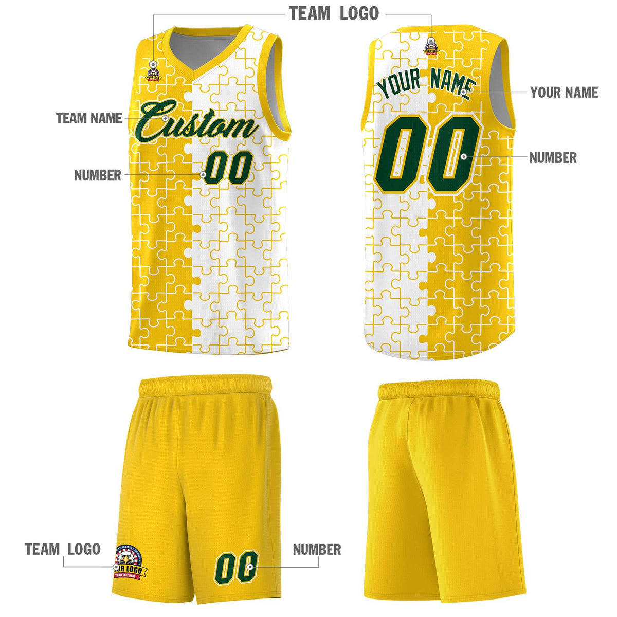 Custom Youth Basketball Jersey Gold White Puzzle Pattern Add Name, Number &amp; Team Logo