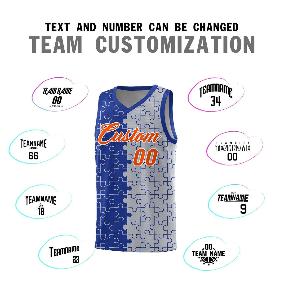 Custom Youth Basketball Jersey Royal Blue Gray Puzzle Pattern Moisture-Wicking Team Uniform