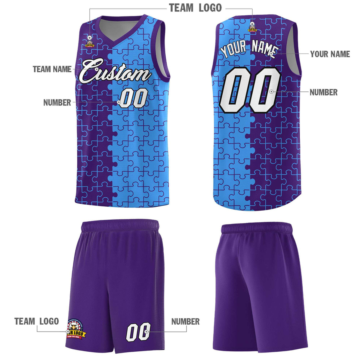 Custom Youth Basketball Jersey Purple Light Blue Puzzle Pattern Breathable Team Uniform