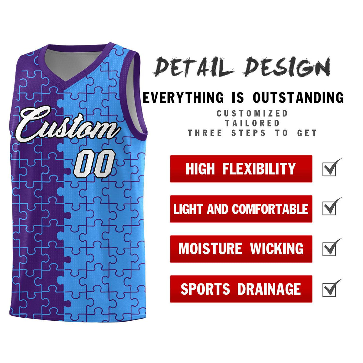 Custom Youth Basketball Jersey Purple Light Blue Puzzle Pattern Breathable Team Uniform