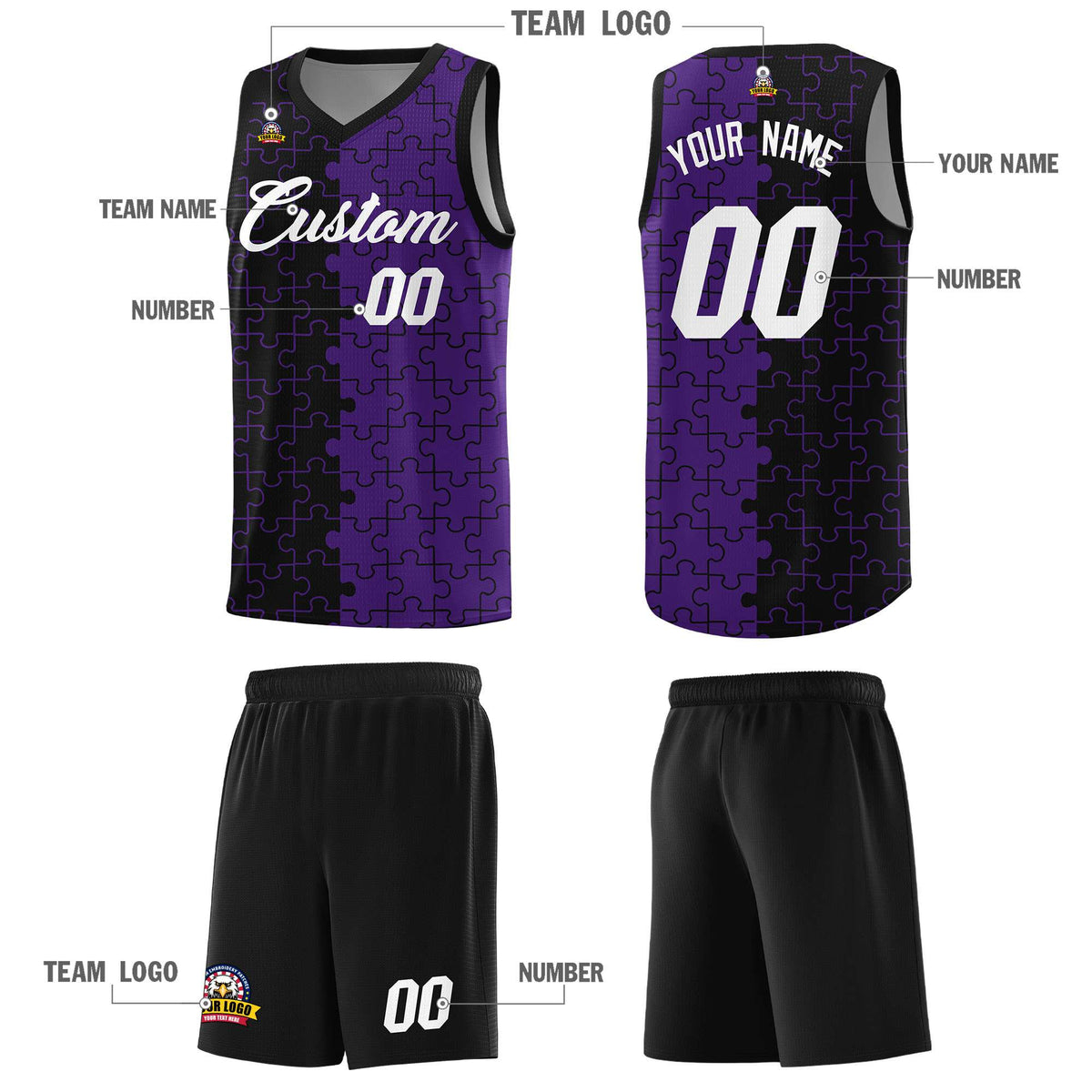 Custom Youth Basketball Jersey Black Purple Puzzle Pattern Moisture-Wicking Team Uniform