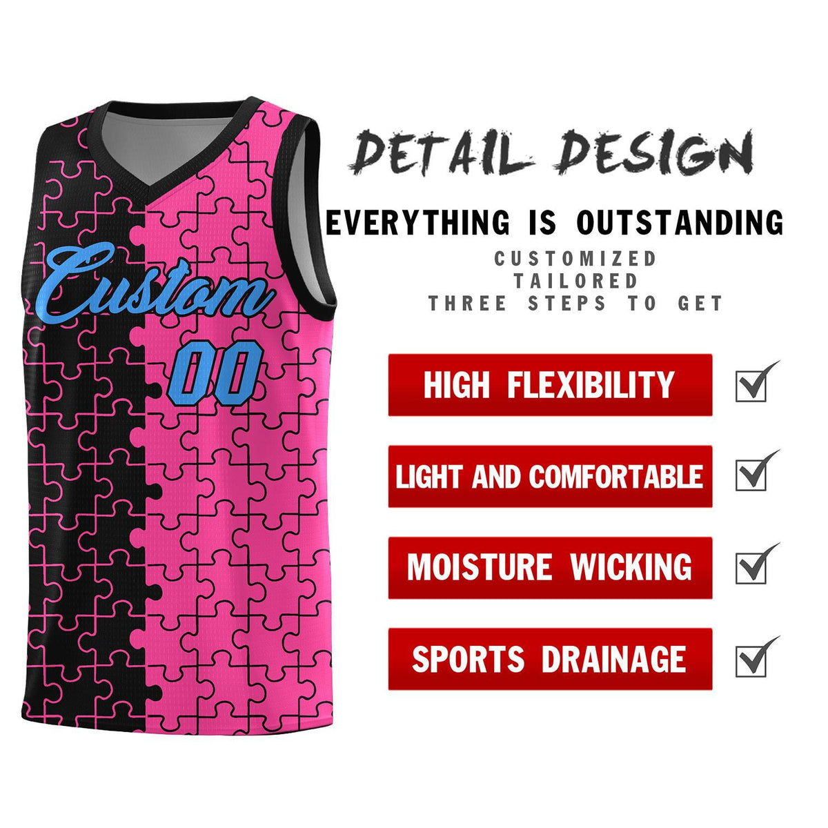 Custom Youth Basketball Jersey Black Pink Puzzle Pattern Add Name, Number &amp; Team Logo