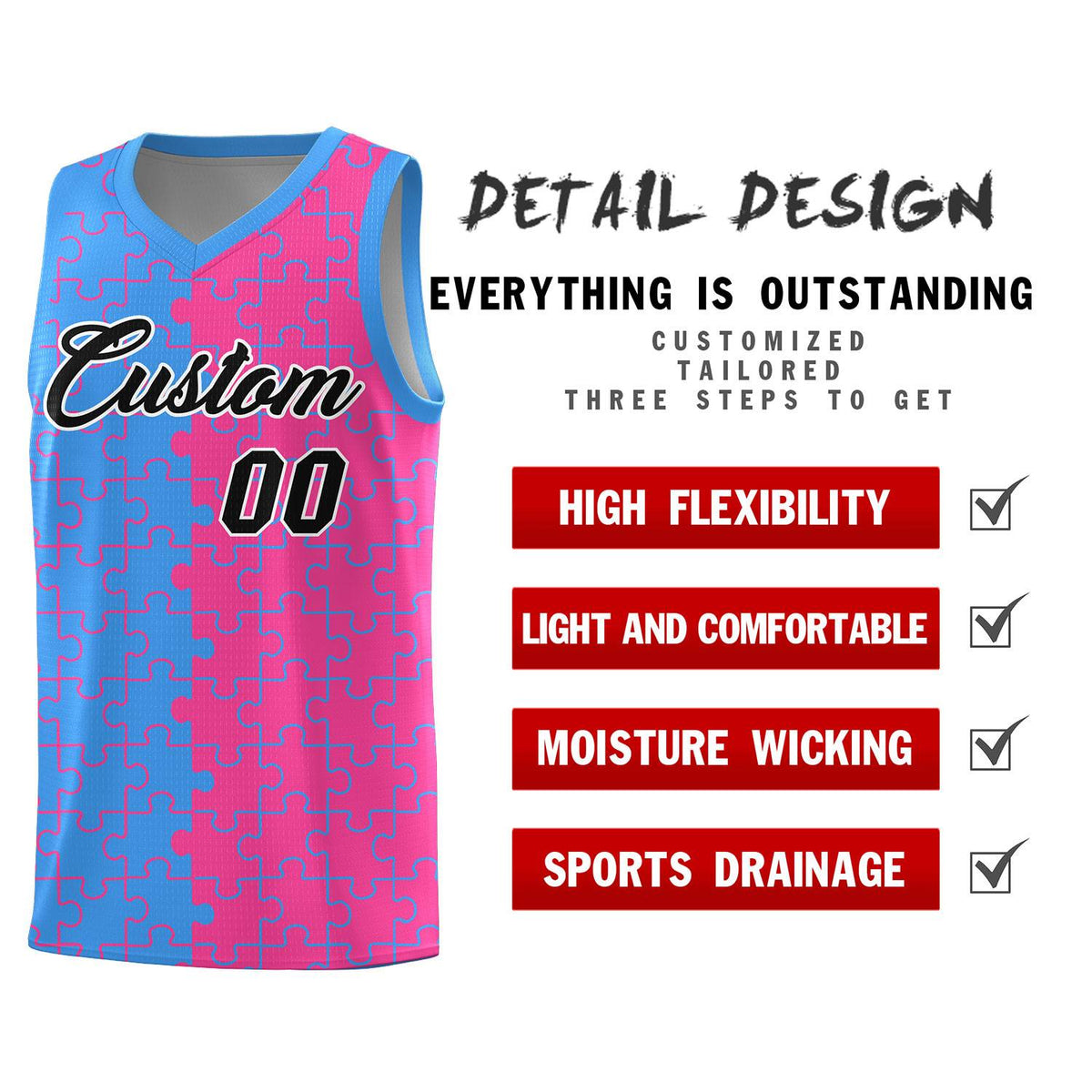 Custom Youth Basketball Jersey Light Blue Pink Puzzle Pattern Breathable Team Uniform