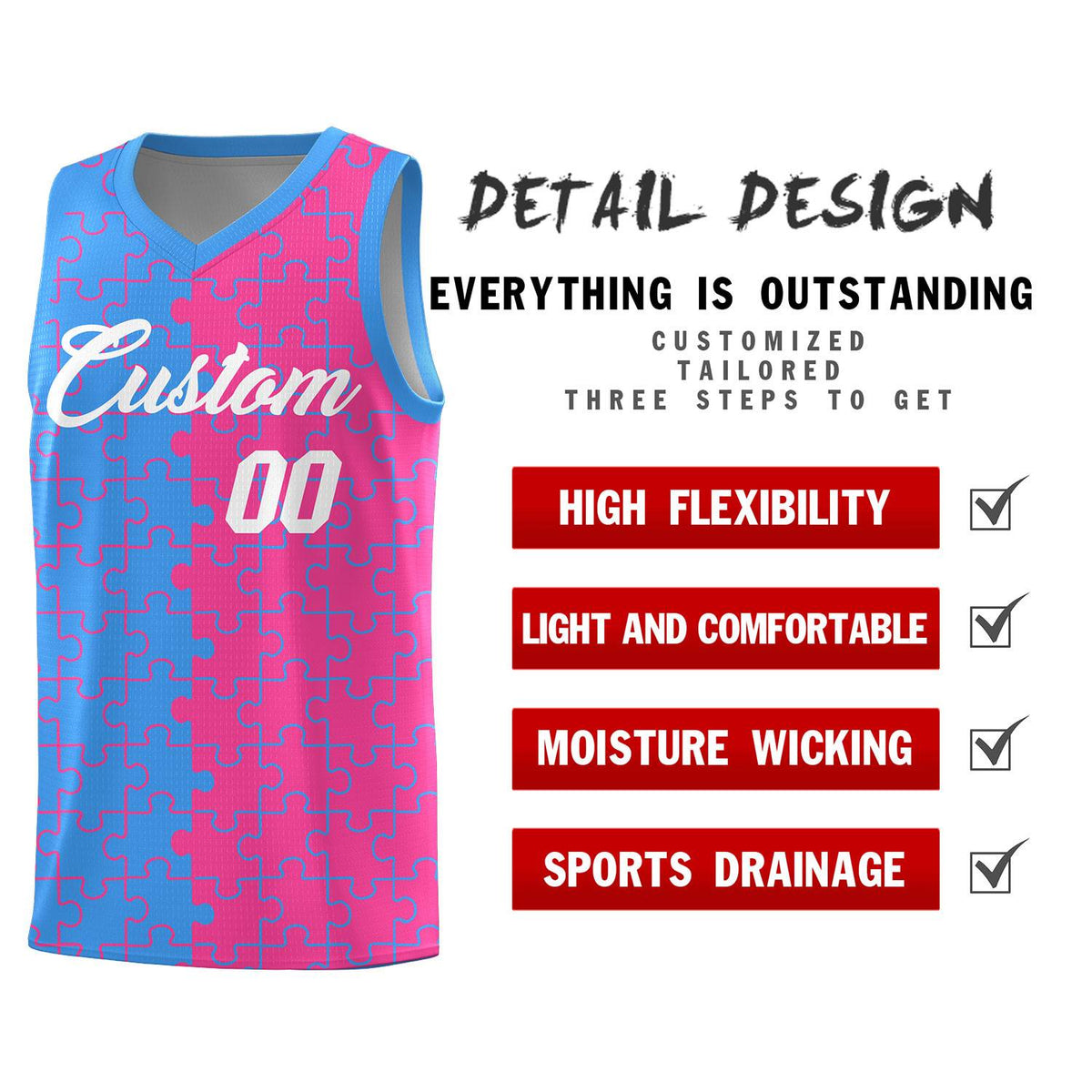 Custom Youth Basketball Jersey Light Blue Pink Puzzle Pattern Moisture-Wicking Team Uniform