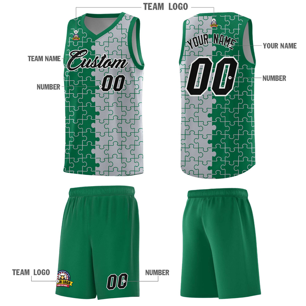 Custom Youth Basketball Jersey Kelly Green Gray Puzzle Pattern Add Name, Number &amp; Team Logo
