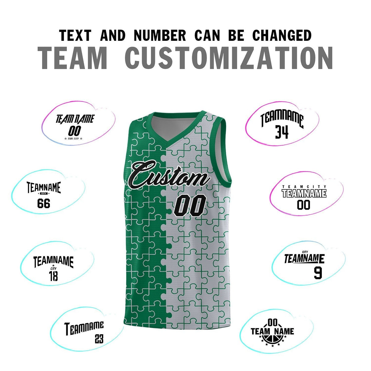 Custom Youth Basketball Jersey Kelly Green Gray Puzzle Pattern Add Name, Number &amp; Team Logo