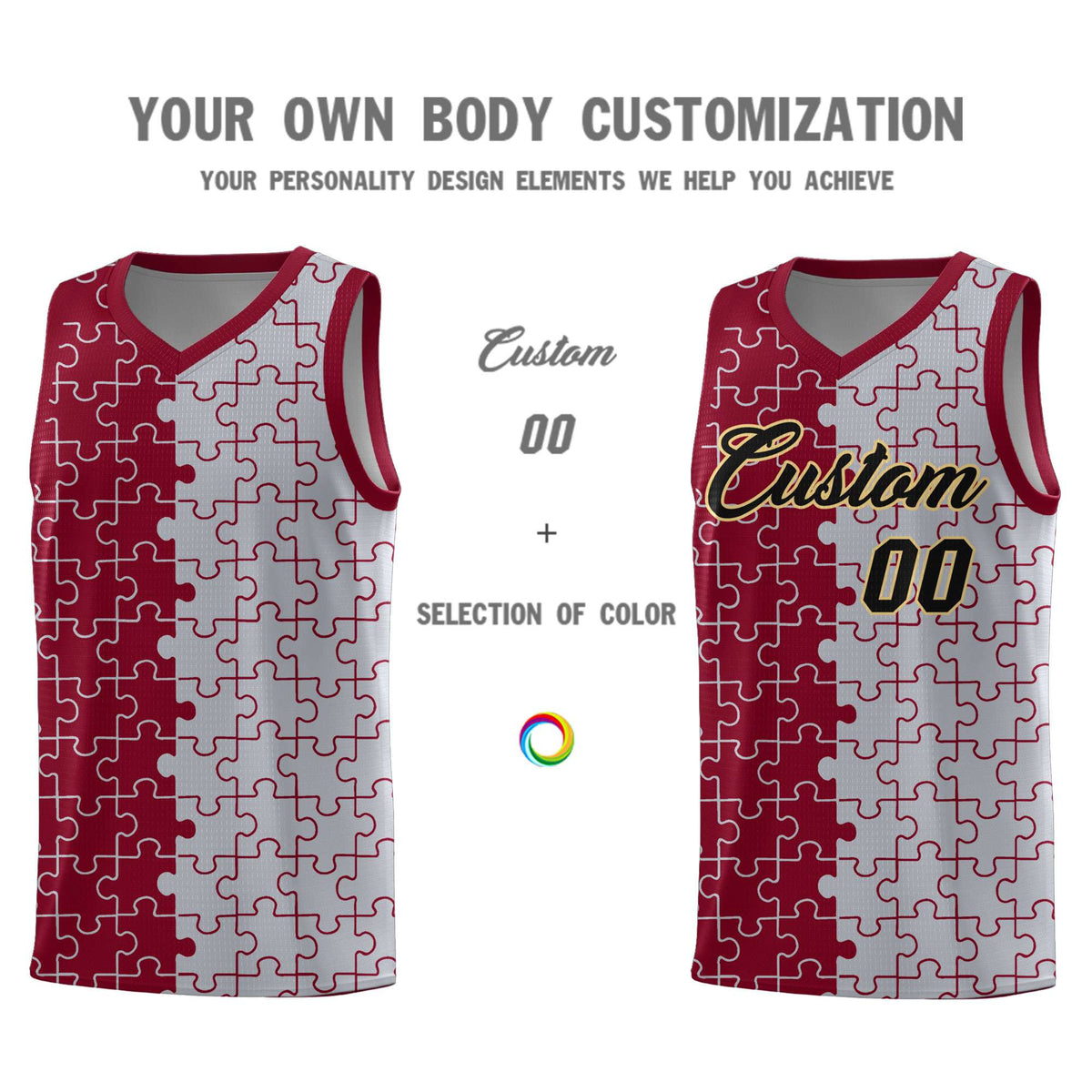 Custom Youth Basketball Jersey Crimson Gray Puzzle Pattern Moisture-Wicking Team Uniform