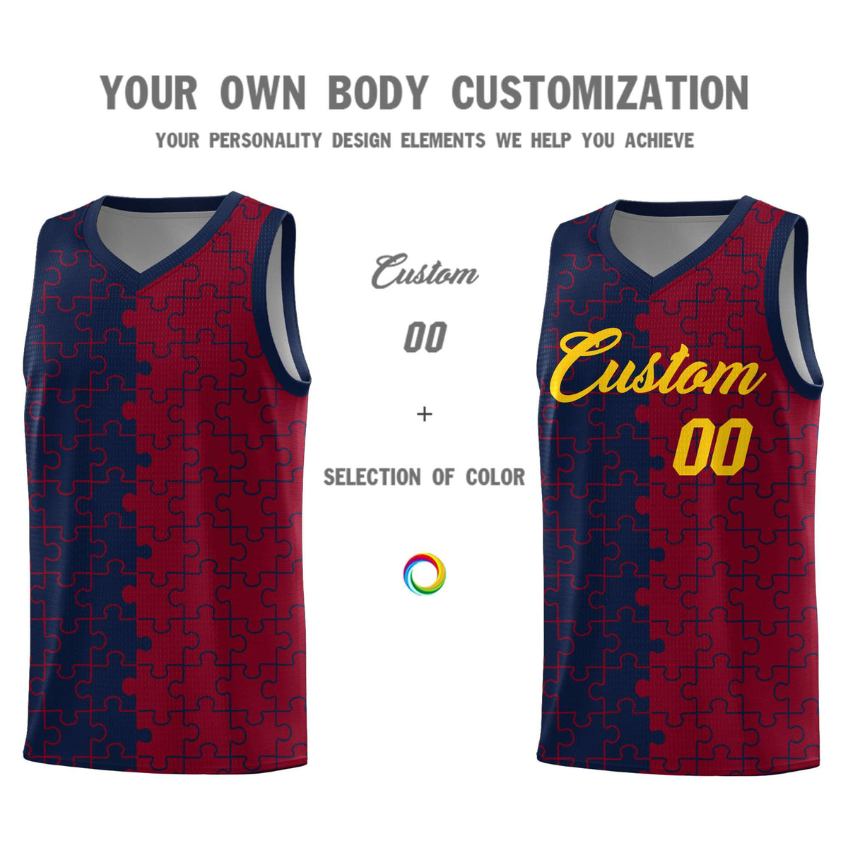 Custom Youth Basketball Jersey Navy Crimson Puzzle Pattern Personalized Team Uniform