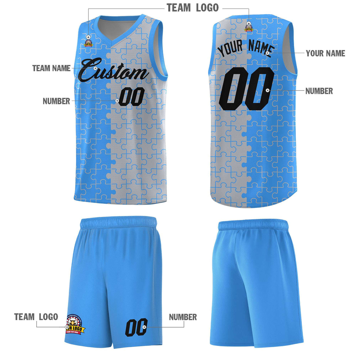 Custom Youth Basketball Jersey Light Blue Gray Puzzle Pattern Add Name, Number &amp; Team Logo