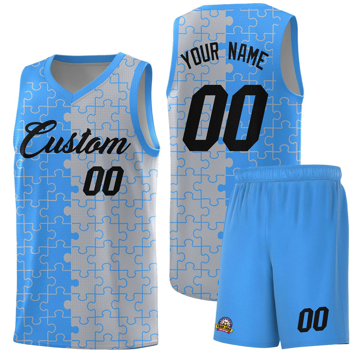 Custom Youth Basketball Jersey Light Blue Gray Puzzle Pattern Add Name, Number &amp; Team Logo