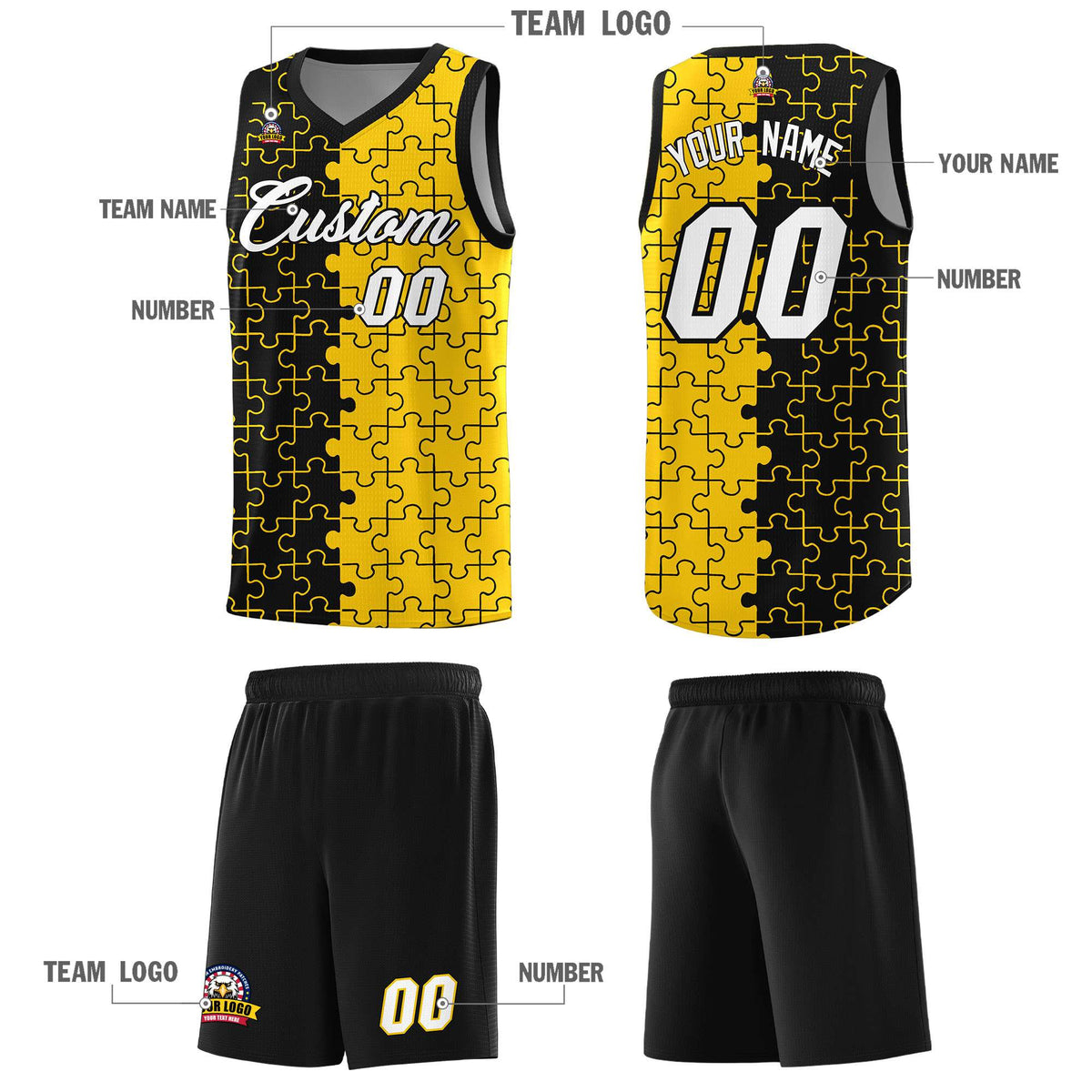 Custom Youth Basketball Jersey Black Gold Puzzle Pattern Breathable Team Uniform