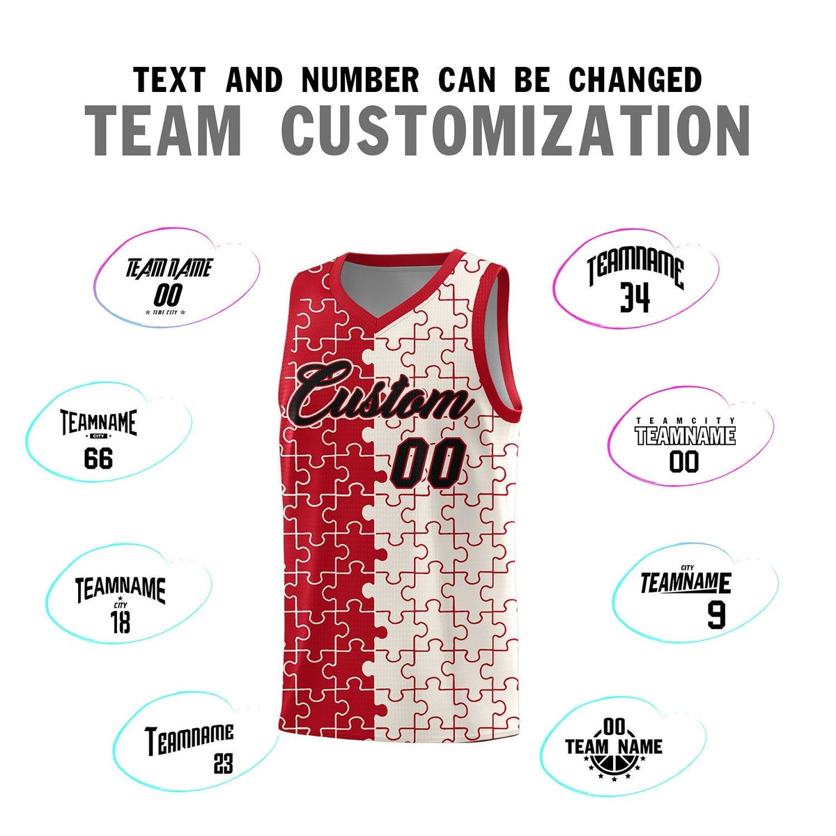 Custom Youth Basketball Jersey Red Cream Puzzle Pattern Moisture-Wicking Team Uniform