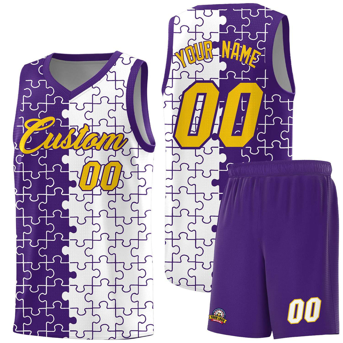 Custom Youth Basketball Jersey Purple White Puzzle Pattern Add Name, Number &amp; Team Logo